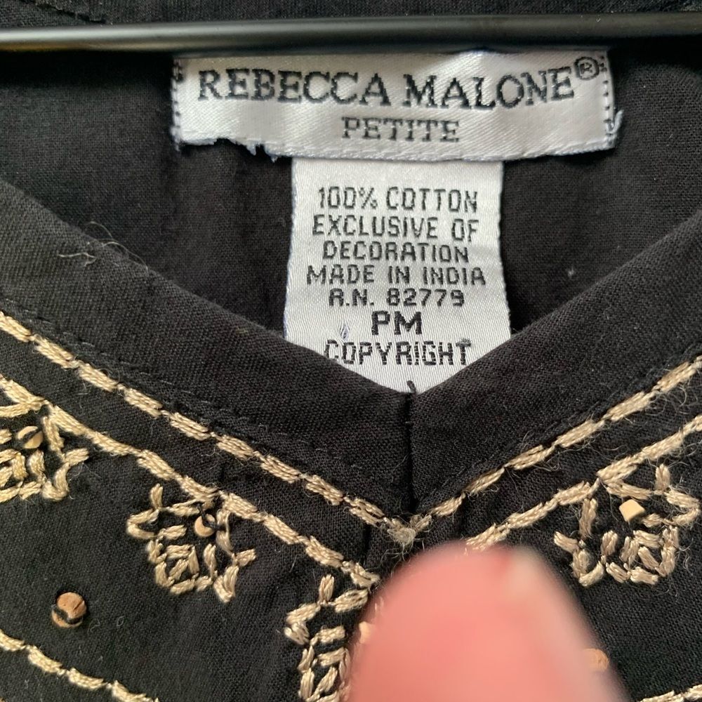 Rebecca Malone Petite Black Embroidered Boho Top PM 3/4‎ Sleeve Cotton Blouse - Picture 3 of 5
